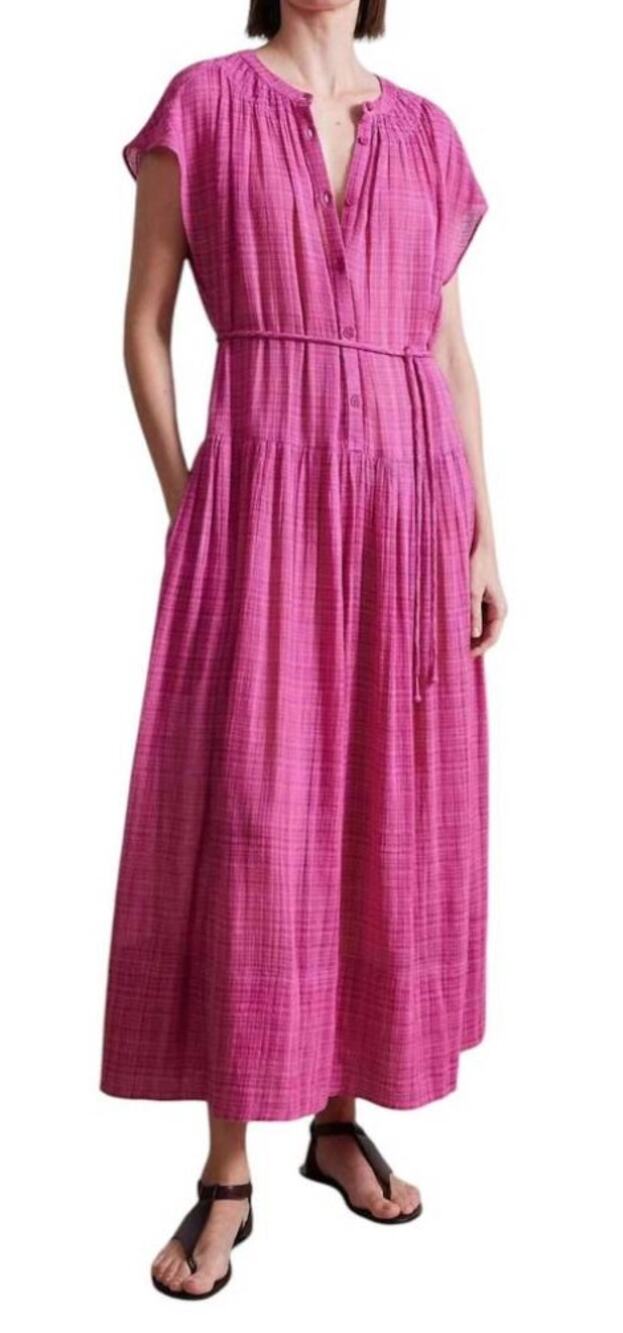 Apiece Apart Forte Short Sleeve Belted Cotton Maxi Dress Raspberry Pink Medium